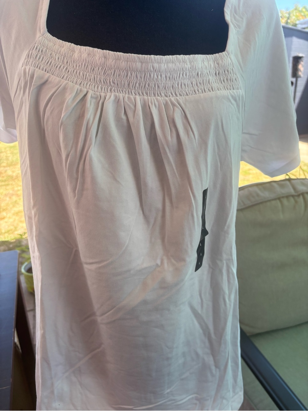 White Smocked Square-Neck Short Sleeve Top lands end